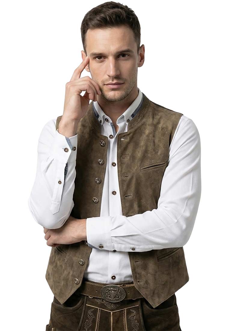 Frontansicht eines Mannes mit dem Trachtenhemd Essersee anthrazit von Gweih&Silk in Braun, das mit einer Weste und Lederhose kombiniert wird.