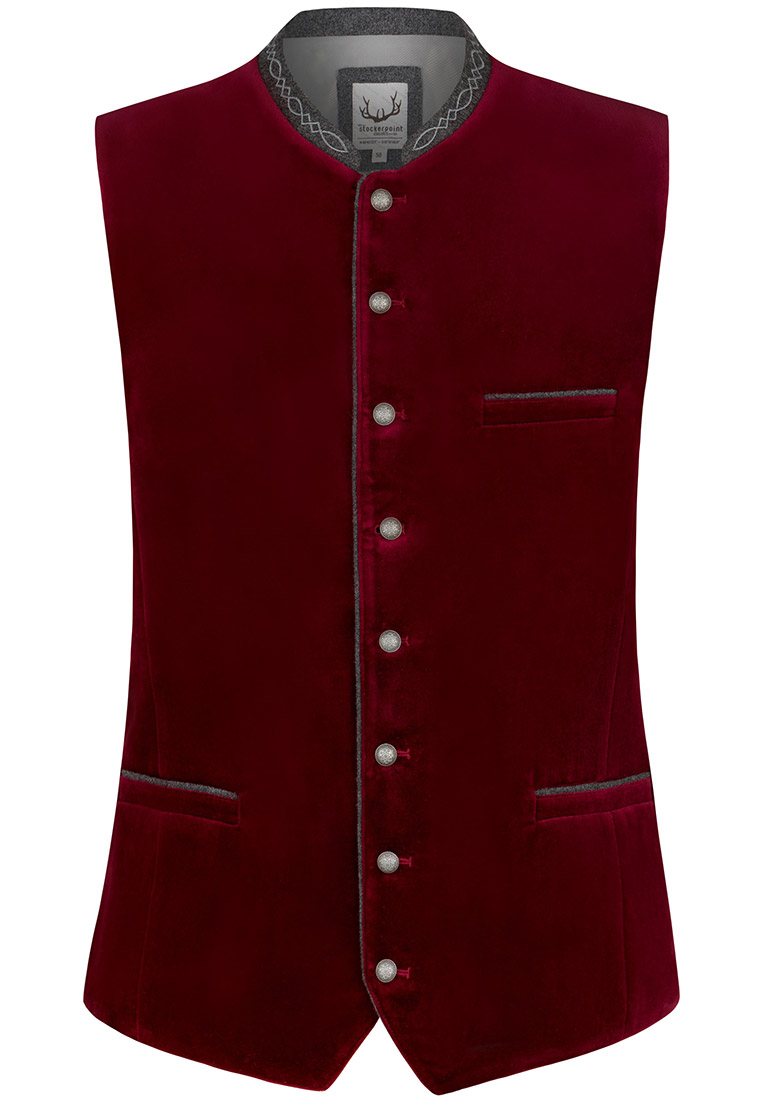Stockerpoint Trachtenweste Lorenzo bordeaux, Frontansicht. Elegante Trachtenweste aus Velours mit aufgesetzter Brusttasche und fünf Knöpfen.