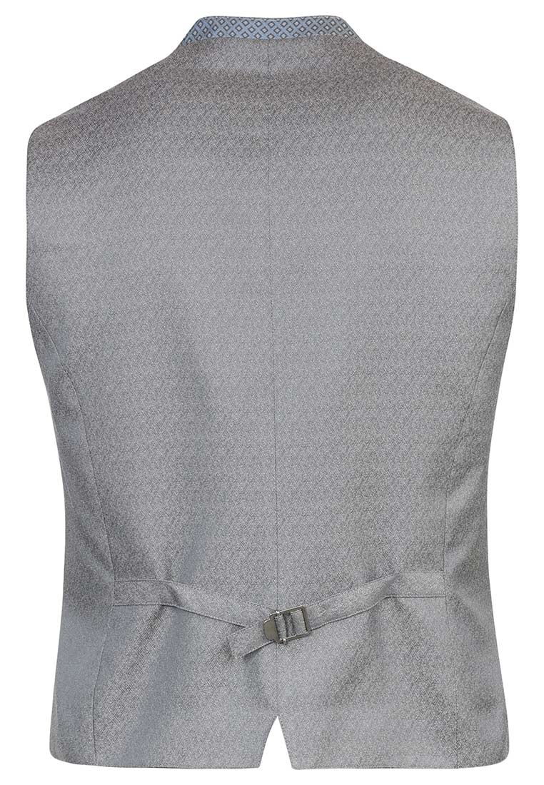Rückansicht der MarJo Trachtenweste Fellen in Grau mit dezentem Muster und verstellbarem Riemen am Bund.