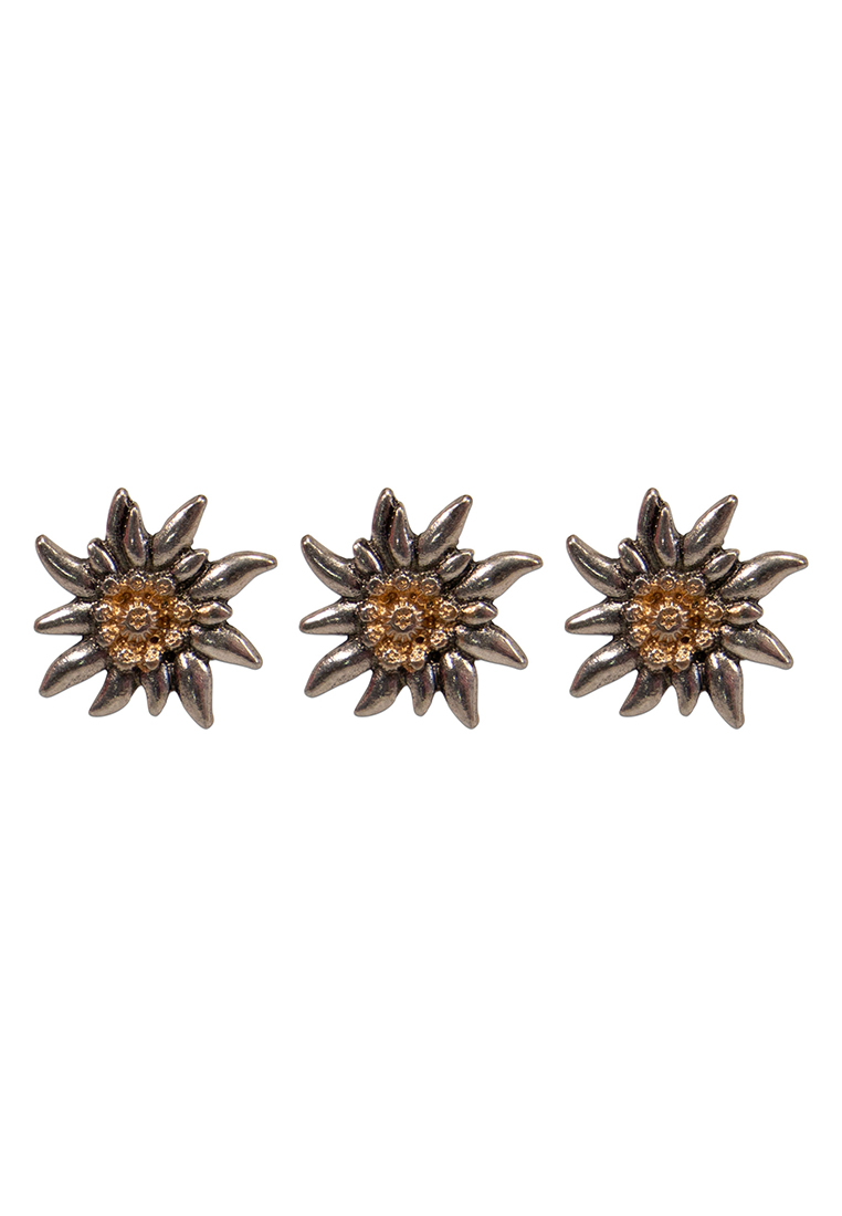 Alpenflüstern Ansteck Pin Edelweiss mini 3er-Set in silber und goldfarben. Frontansicht von drei stilvollen Edelweiß-Pins.