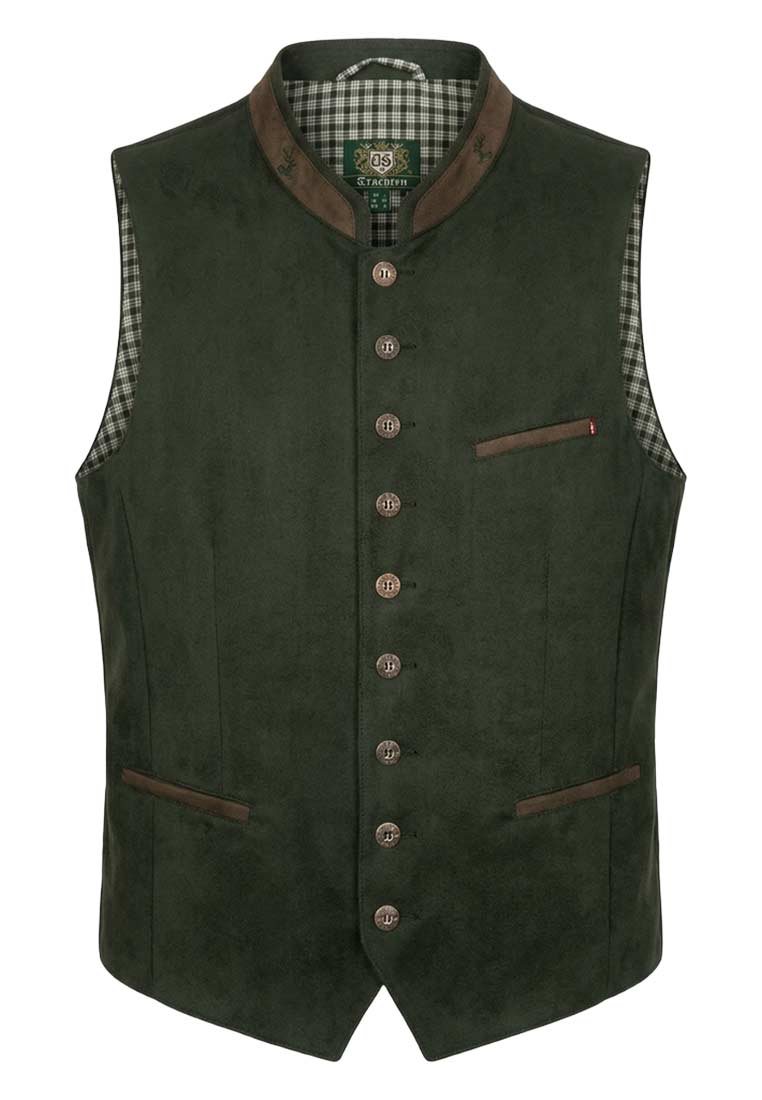 Orbis Trachtenweste Erich dunkelgrün, Frontansicht. Klassische Trachtenweste in Dunkelgrün mit Knopfleiste und zwei schmalen Eingrifftaschen vorne.