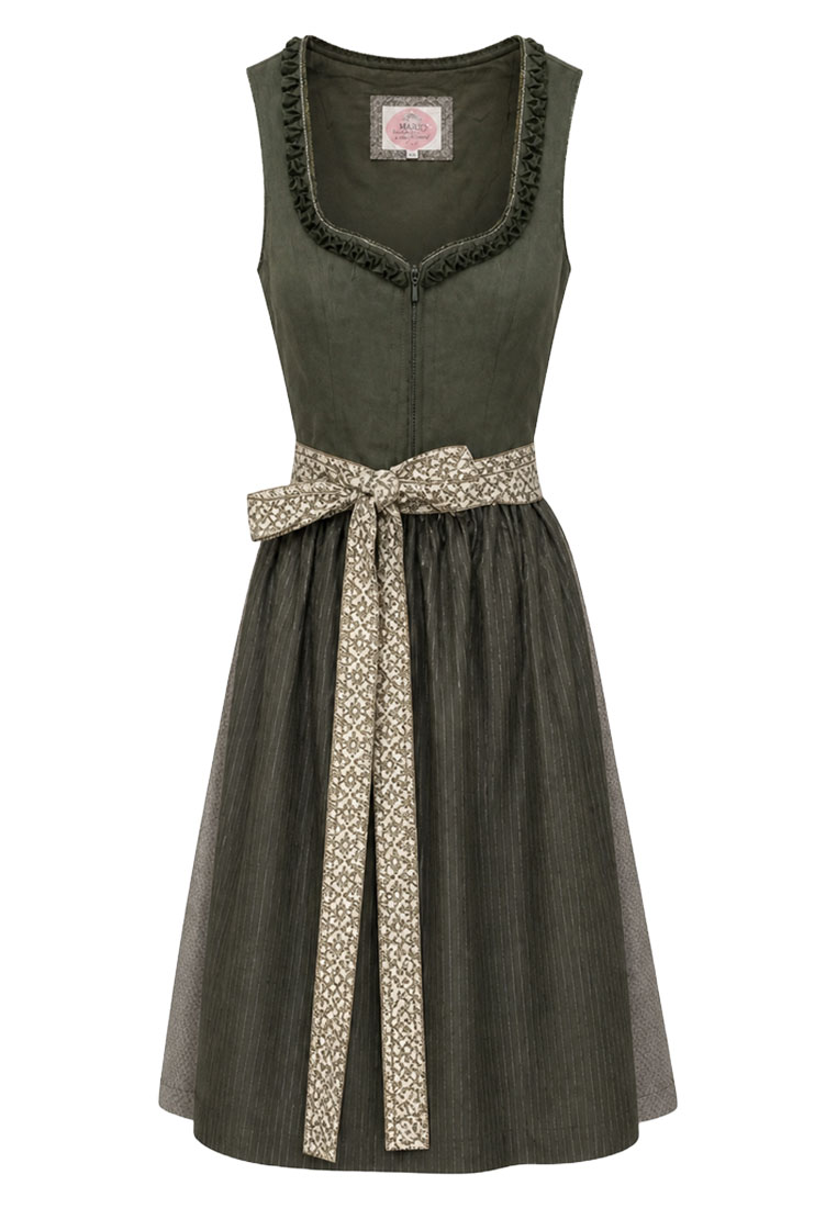 Frontansicht eines dunkelgrünen Dirndls Reichenfels 65 cm von MarJo Trachten mit Reissverschluss vorne und auffälliger Schürze.