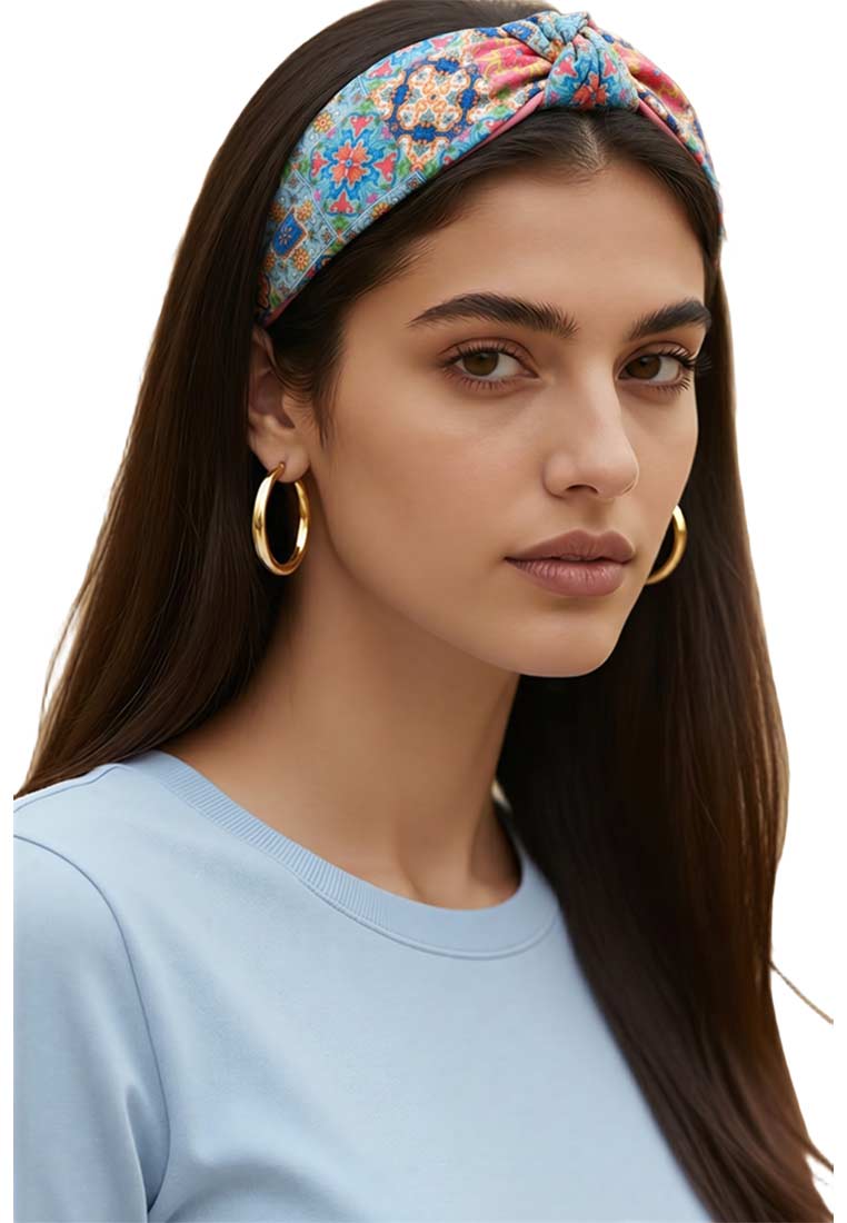 Namjosh Haarreif Patchwork Frontansicht in bunten Farben, mit auffälligem Muster und Knotenverzierung.