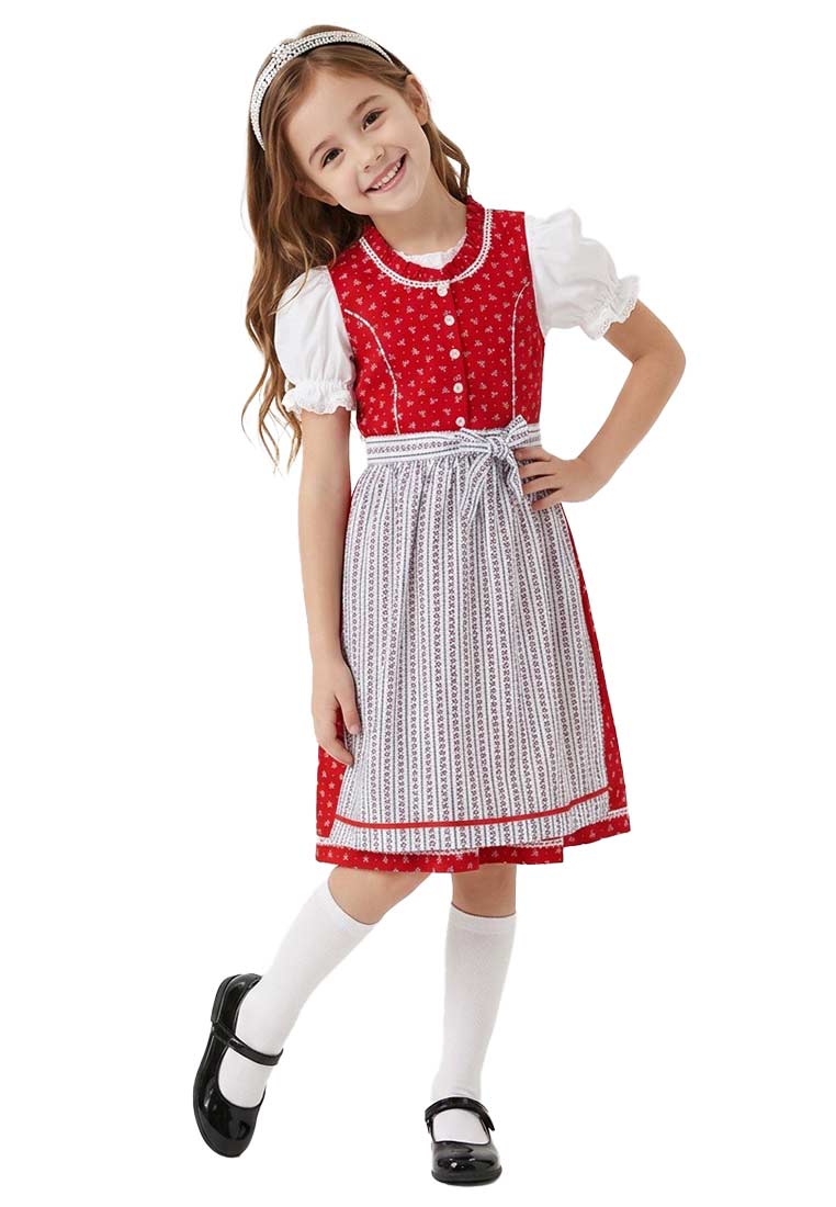 Isar Trachten Kinderdirndl Claire rot, Frontansicht. Das Dirndl hat eine rote Mieder mit Knopfleiste und einen karierten Rock mit Schürze und Schleife.