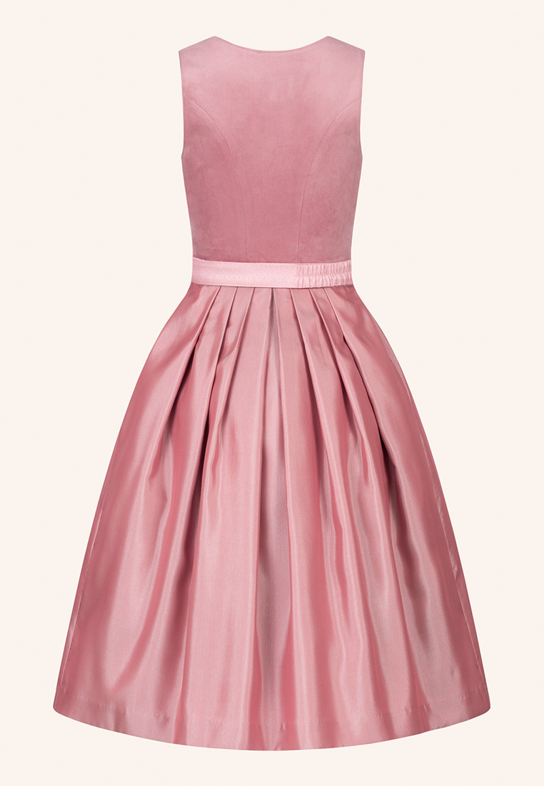 Krüger Dirndl Alisha rosa 60cm, Rückansicht des Kleides mit plissiertem Rock und schmalem Bund in rosa.