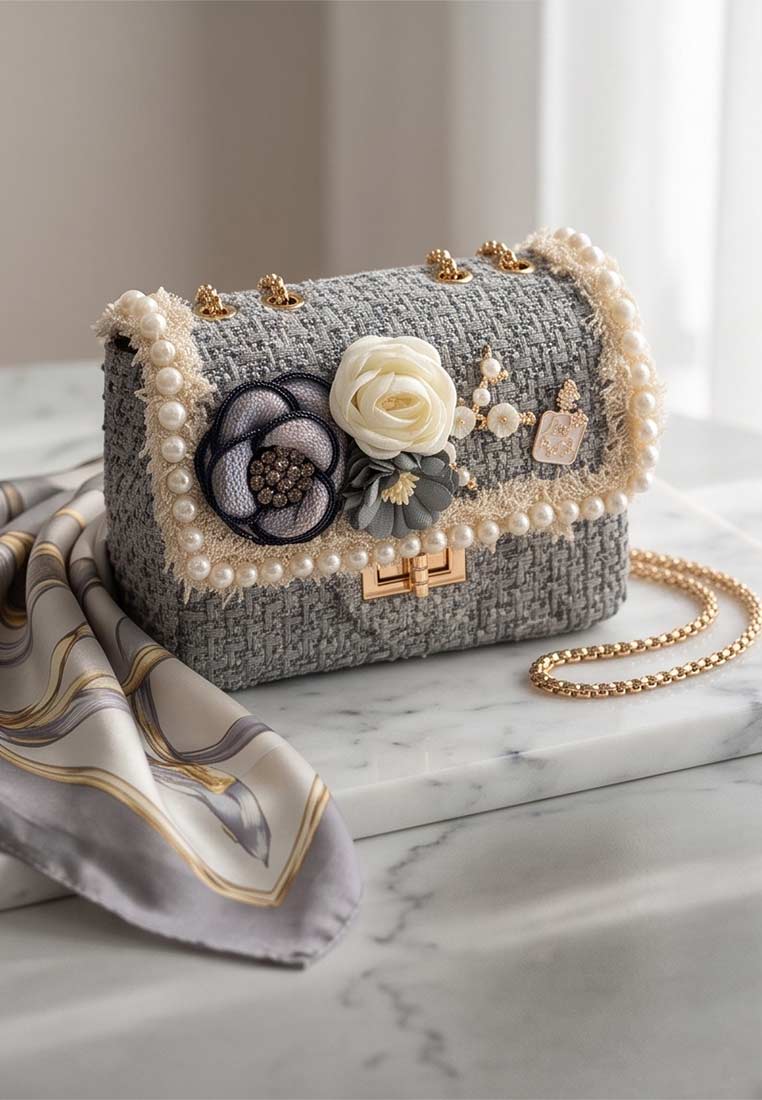 Schmuckzauber Tweed Trachtentasche Glamour graublau, Frontansicht. Die Tasche in grau-blauem Tweed ist mit Perlen und Blumenapplikationen verziert und verfügt über einen goldfarbenen Verschluss und Kettenriemen.