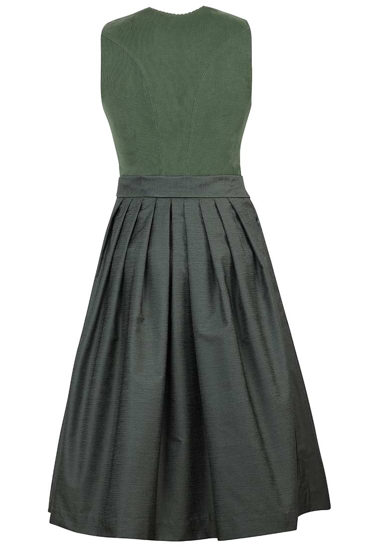 Rückansicht des MarJo Trachten Dirndl Lichtenfels in Grün mit einem schlichten Oberteil und einem weiten, Faltenrock. Das Dirndl zeigt einen hohen Bund.