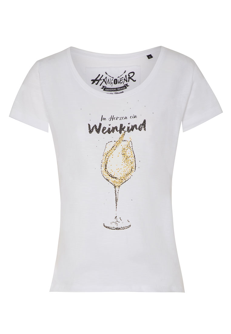 Hangowear Damenshirt Weissweinkind in Weiß, Frontansicht, mit einem Motiv eines Weinglases mit Spritzern und Text.