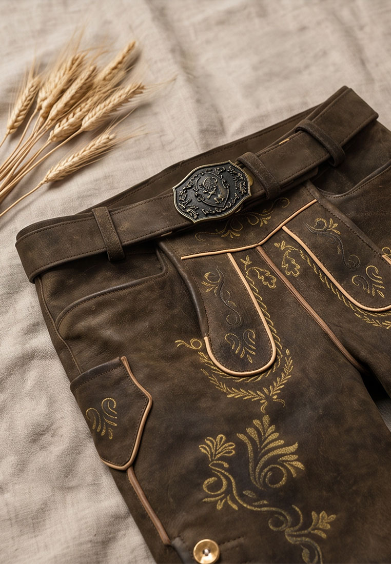 Maddox Lederhose Bregenz kiefer in Braun, Frontansicht. Stilvolle Lederhose mit Stickereien, Gürtelschlaufen und einem auffälligen Gürtelschnalle.