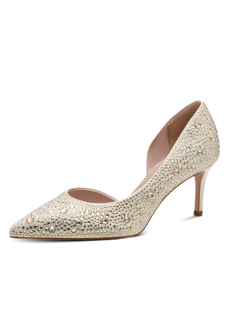 Tamaris Dirndl Pumps Pearl Glam in Champagner. Elegante Pumps mit Strass-Besatz und spitzem Leisten im seitlichen Blick.