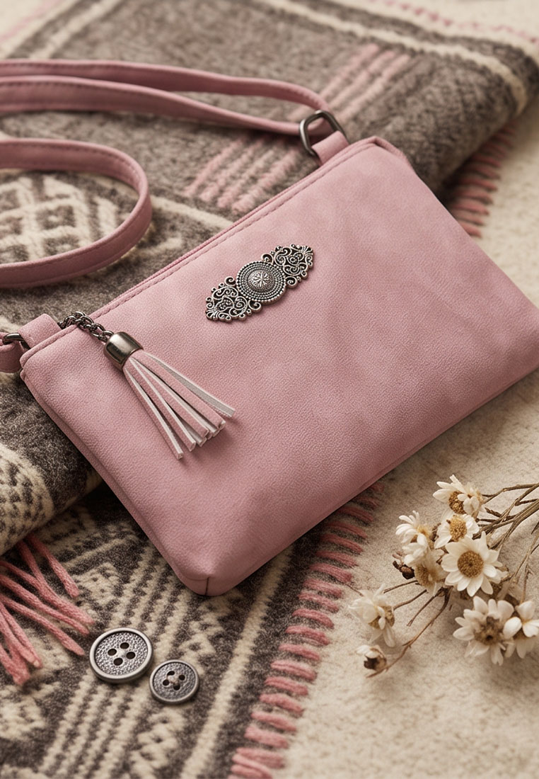 Taschenzauber Trachtentasche Marie rosa, Frontansicht. Die stilvolle Tasche in zartem Rosa ist mit einem Anhänger und einer silberfarbenen Zierleiste verziert.