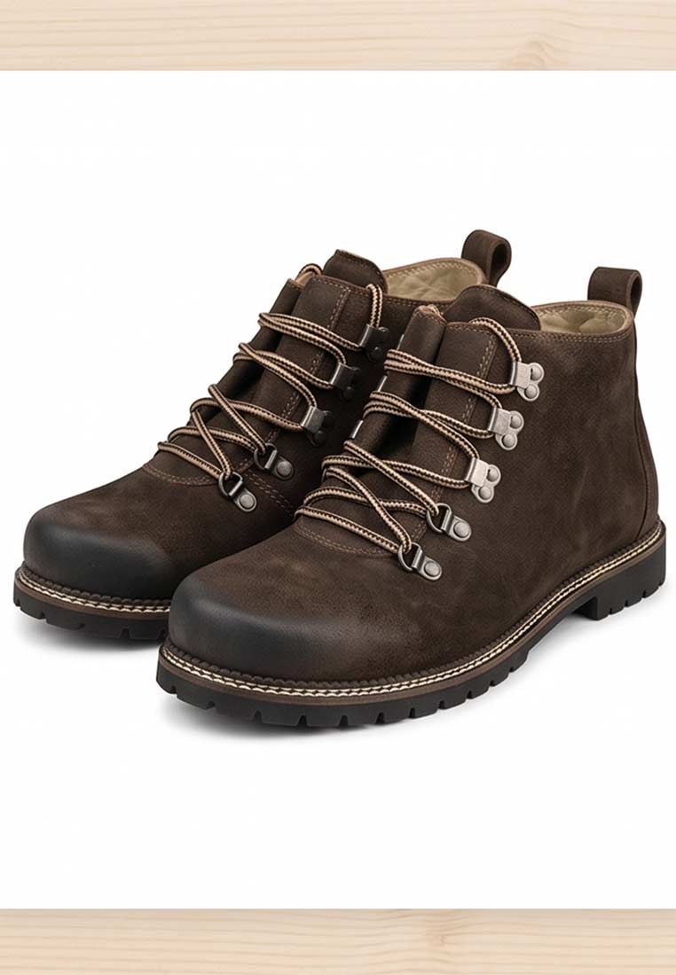 MeiSchua Trachtenboots Jake dunkelbraun, Frontansicht mit Schnürung und Metallösen.