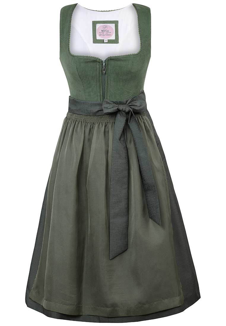 MarJo Trachten Dirndl Lichtenfels grün 65cm in Frontansicht. Ein elegantes, grünes Dirndl mit Reißverschluss vorne und einer anpassbaren Schleife am Bund.