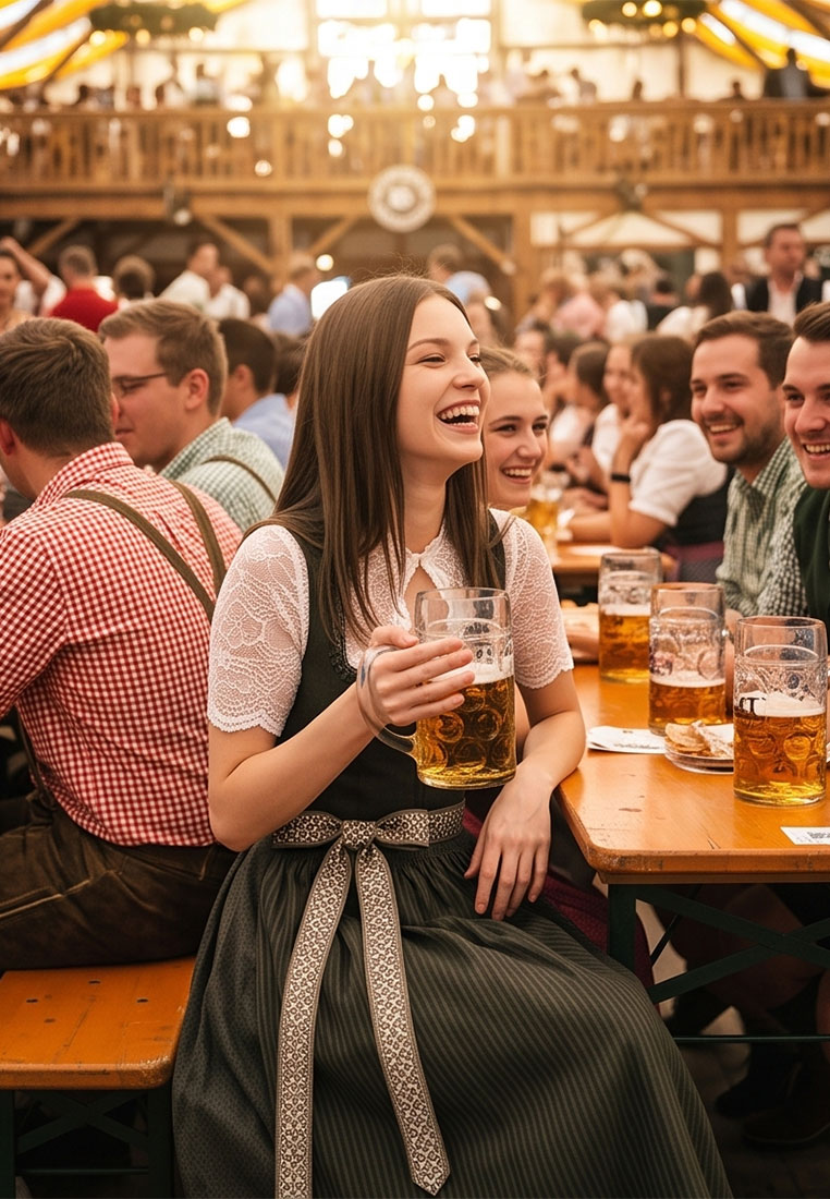MarJo Trachten Dirndl Reichenfels dunkelgrün 65 cm, Frontansicht. Das dunkelgrüne Dirndl hat einen Band als Schürze.
