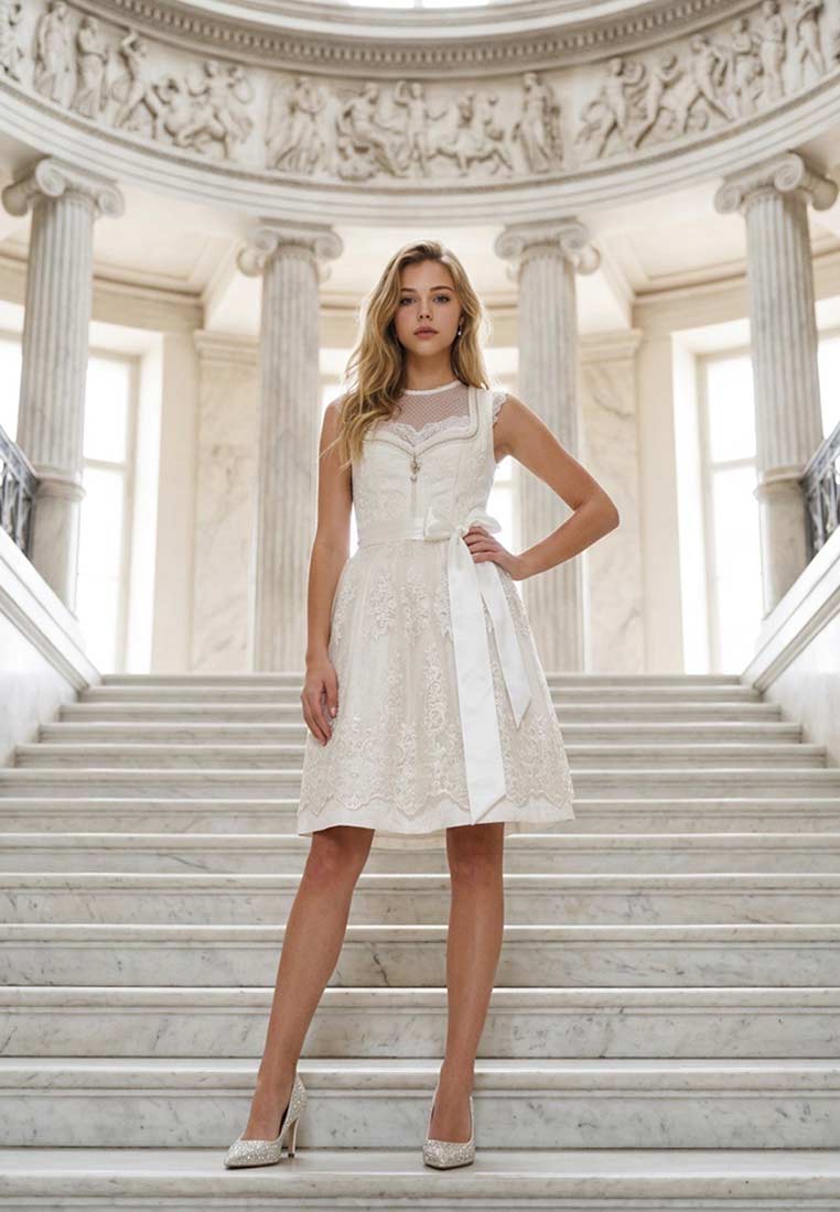Krüger Hochzeitsdirndl Liliane in Creme, Frontansicht. Das Dirndl hat eine Spitzenapplikation am Dekolleté und eine schmale Taille.