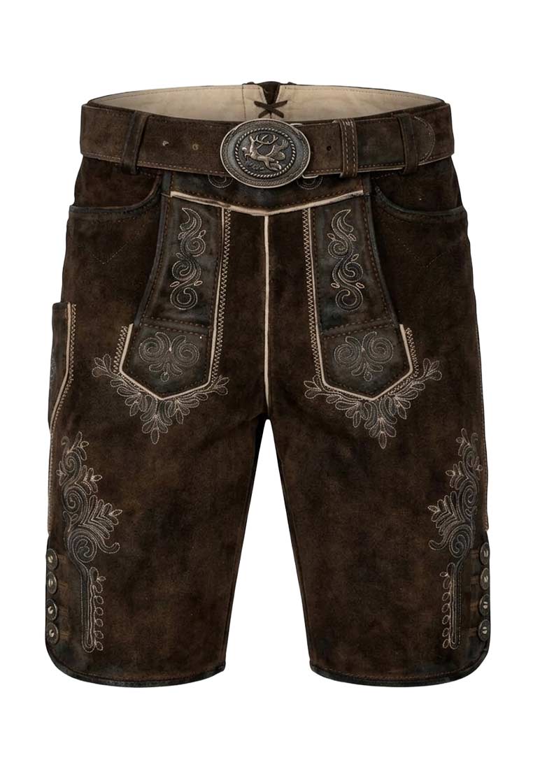 Maddox Lederhose Rolli in Nussbraun, Frontansicht. Die Hose hat sichtbare Taschen, Gürtelschlaufen und einen auffälligen Gürtel. Hochwertiges Wildleder mit stilvoller Stickerei.