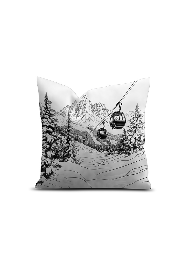 Pôdevache Kissen Gondelbahn 45x45 cm in Schwarz-Weiss, Frontansicht, winterliches Bergmotiv mit Gondeln für Chalet Chic Wohnambiente.