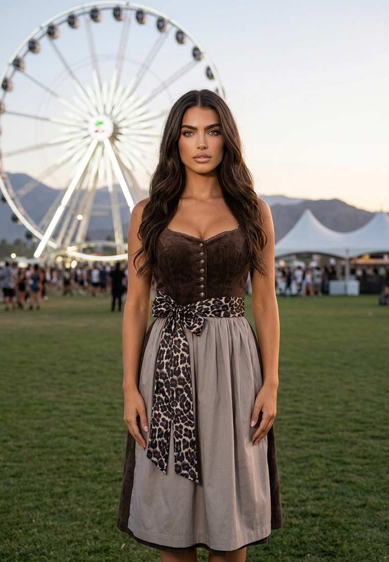 MarJo Trachten Dirndl Leo dunkelbraun 65 cm – abnehmbare Flügelärmel: Frontansicht eines eleganten dunkelbraunen Dirndls mit grauem Rock und Leo-Muster Schürze.