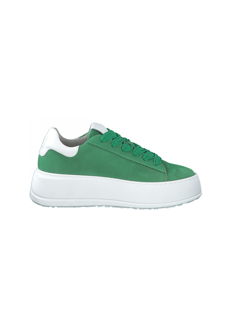 Tamaris Sneaker green, eine Seitenansicht des lässigen Sneakers in Grün mit weißer Sohle und weißen Akzenten.