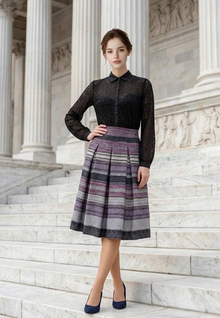 Marjo Body Harper Malinda schwarz: Frontansicht einer Frau in einem schwarzen Body mit langen Ärmeln und einem gestreiften Rock. Der Body hat einen durchgehenden Knopfverschluss.