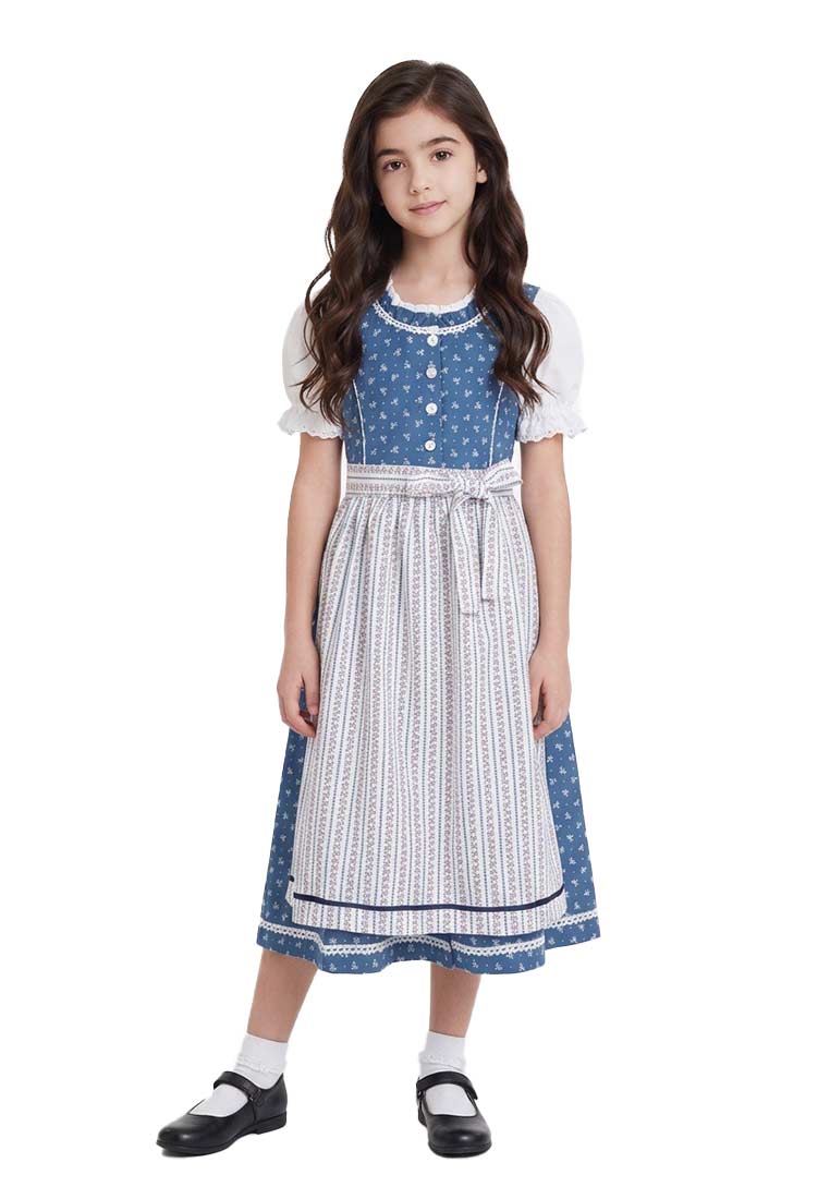 Isar Trachten Kinderdirndl Claire blau, Frontansicht. Ein festliches Dirndl mit traditionellem Muster und weißer Schürze.