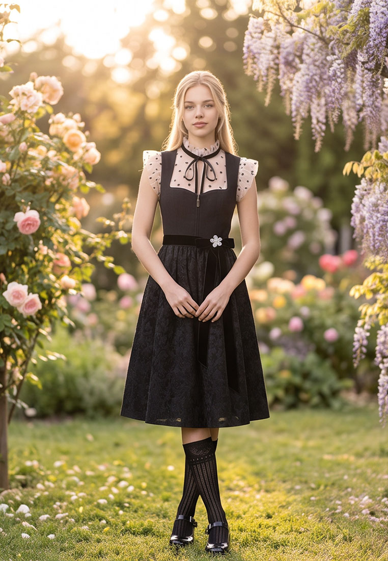 my choice Dirndlbluse Juliette transparent mit schwarzen Blumen in Frontansicht, schwarz, mit Rüschenärmeln und Schleifen am Ausschnitt.