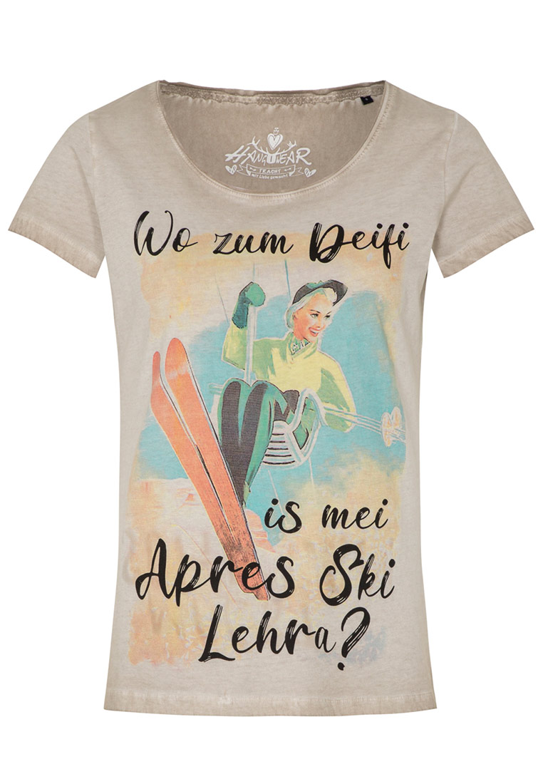Hangowear Damenshirt Apres Ski in neutraler Farbe, Frontansicht, mit Print eines Skifahrers auf einer Gondel und Text.