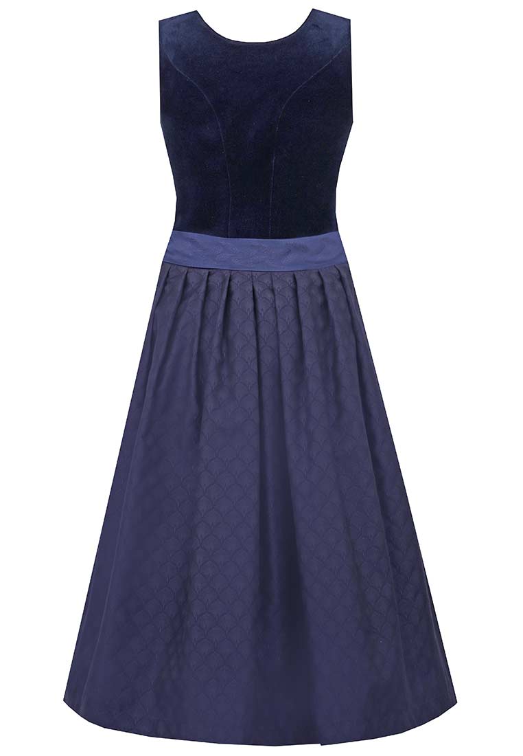 MarJo Trachten Dirndl Mönchsroth marine 70cm Frontansicht. Das elegante Dirndl in marineblau hat ein Samt-Oberteil und einen bedruckten Rock mit Falten.