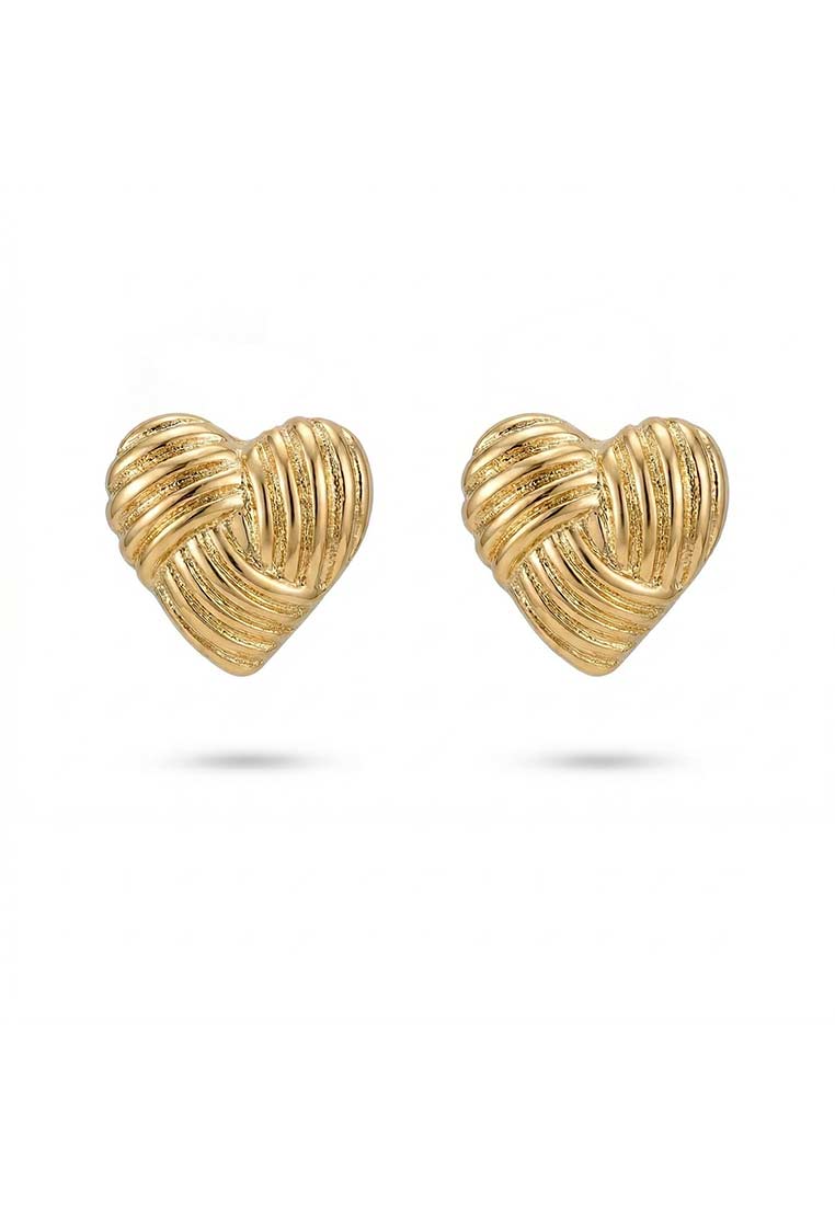 Alpenflüstern Knotenherz Ohrstecker gold, Frontansicht. Elegante goldene Ohrstecker in Herzform mit geflochtenem Muster.