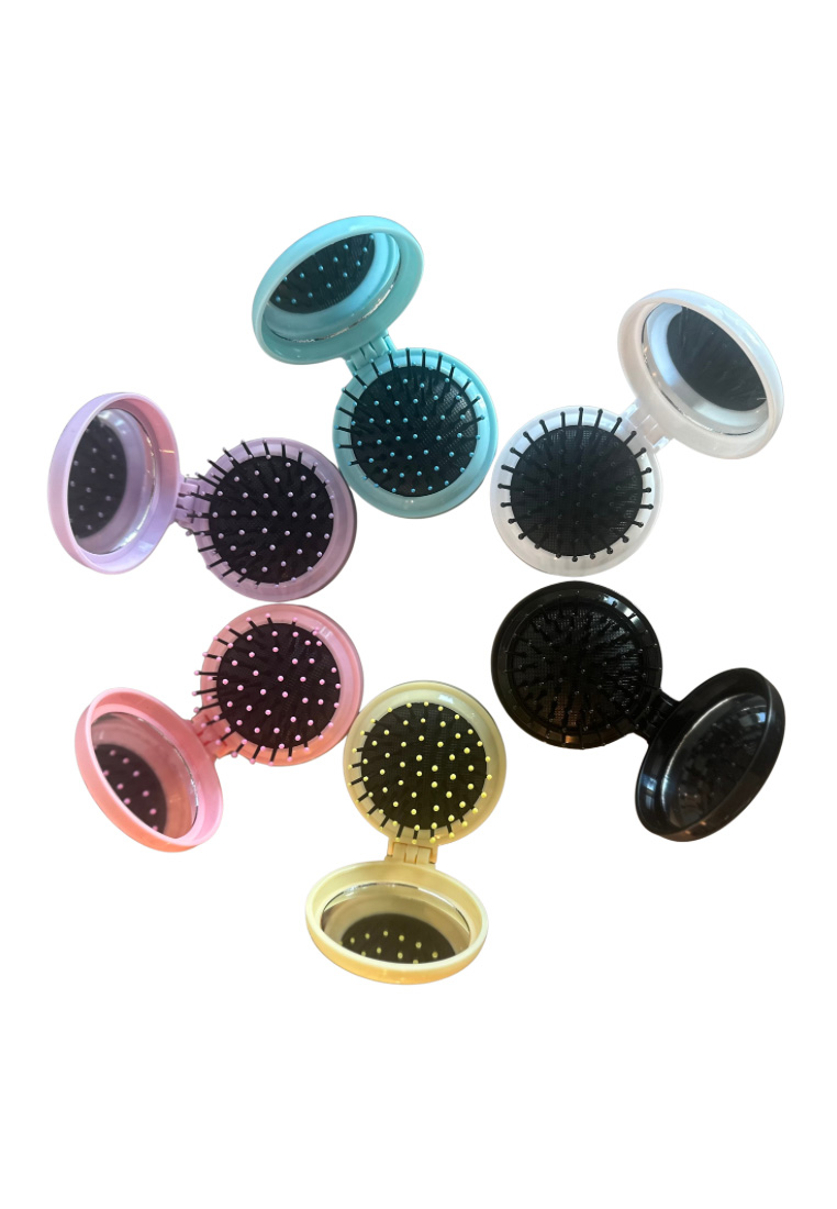 Schmuckzauber faltbare Reisehaarbürsten mit Spiegel, eine Auswahl von mehreren farbigen Bürsten mit integriertem Spiegel, Frontansicht.