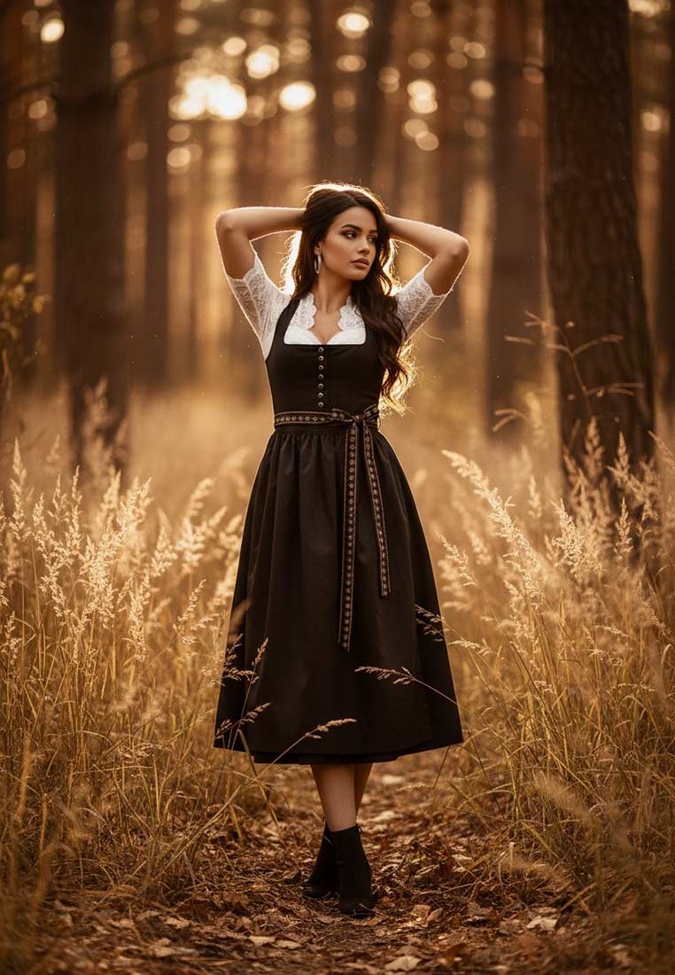 Madame Marie Dirndl Nymeria schwarz 75cm Frontansicht mit einem verzierten Gürtel und einer Schnürung an der Vorderseite. Das Dirndl hat einen weiten Rock.
