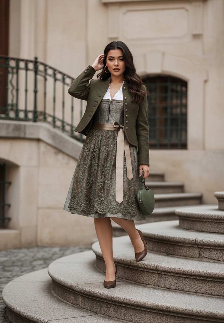 Alpenherz Walkjanker Amelie im Frontansicht in Oliv. Der Janker hat eine gerade geschnittene Silhouette und zeigt eine Knopfreihe.