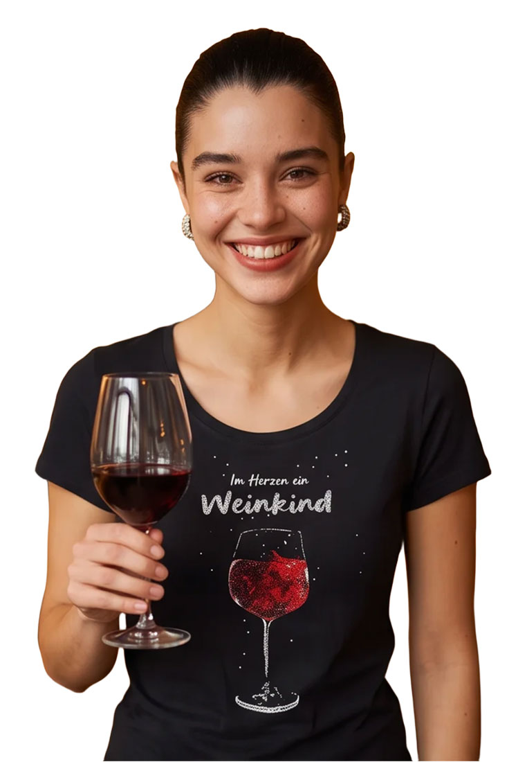 Hangowear T-Shirt Weinkind schwarz, Frontansicht. Das schwarze T-Shirt mit Rundhalsausschnitt zeigt eine Frontprint mit einer Glitzer-Applikation.