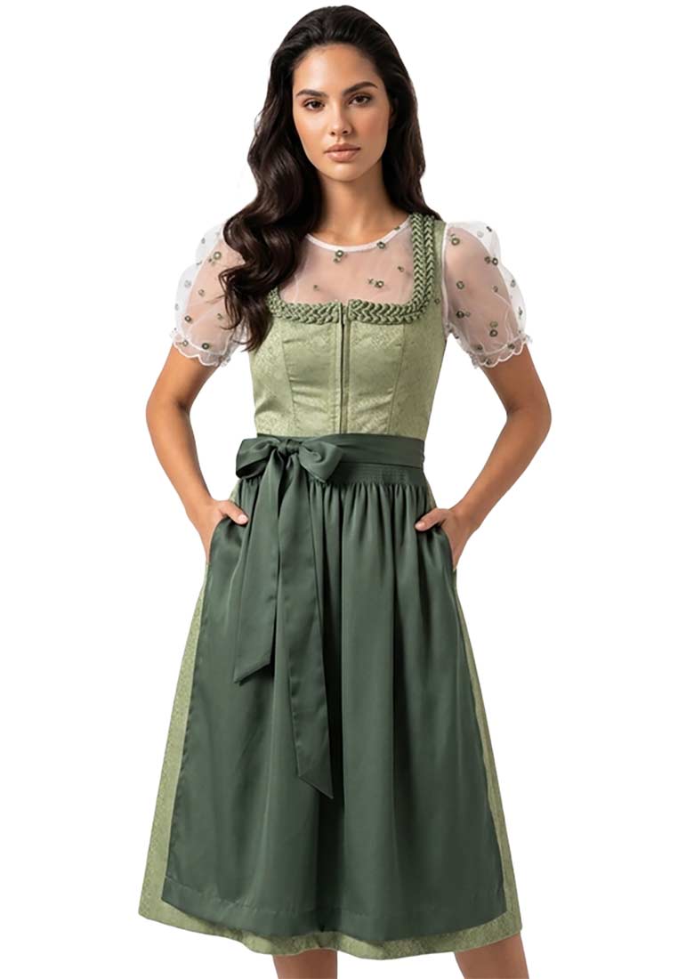 Trachten Deiser Dirndl Ria grün 70 cm, Frontansicht. Das stilvolle Dirndl ist in einem mittleren Grün gehalten und hat einen Reissverschluss vorne sowie seitliche Taschen.