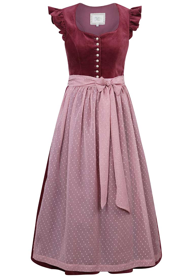 Madame Marie Dirndl Soralyn Samt pflaume (borderaux) 65 cm Frontansicht in dunkelrot mit rosa Rock und Schleife, Knöpfen und Rüschenärmeln.