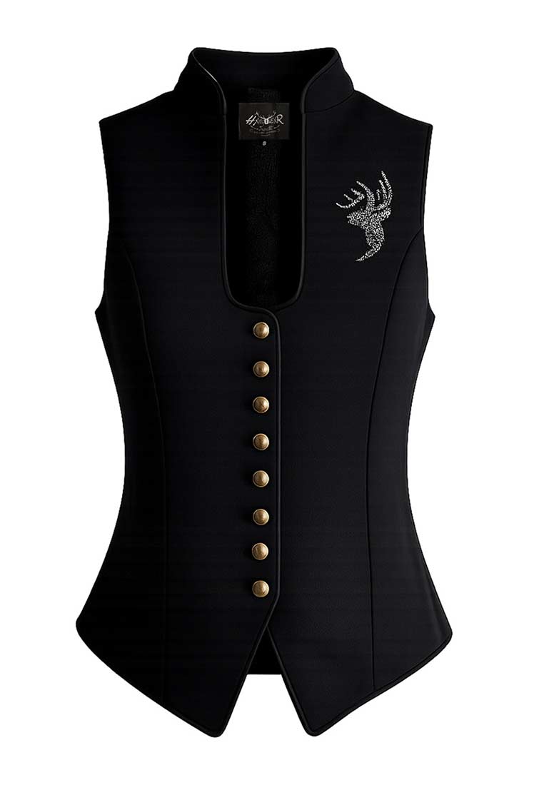 Hangowear Damengilet Jamila schwarz, Frontansicht. Das Gilet ist schwarz mit silbernen Knöpfen und einer Hirsch-Applikation.