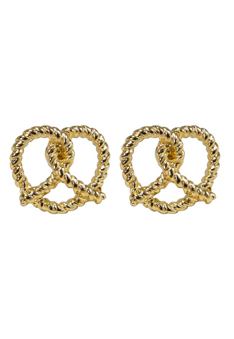 Zwei goldene Ansteck-Pins in Brezelform von Alpenflüstern, Frontansicht. Der Pin ist aus Metall gefertigt und hat eine gedrehte Optik.