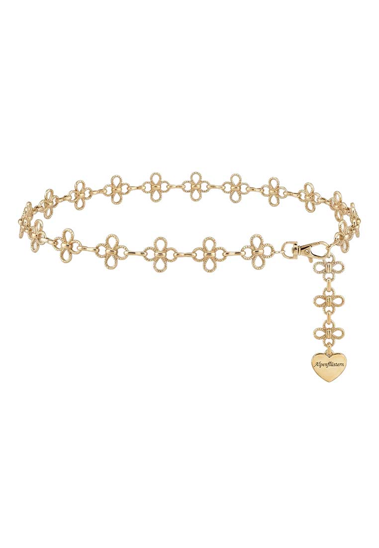 Alpenflüstern Dirndl Schürzenkette Blumen gold, Frontansicht. Elegante goldfarbene Kette mit Blumenmotiven und Herzanhänger.