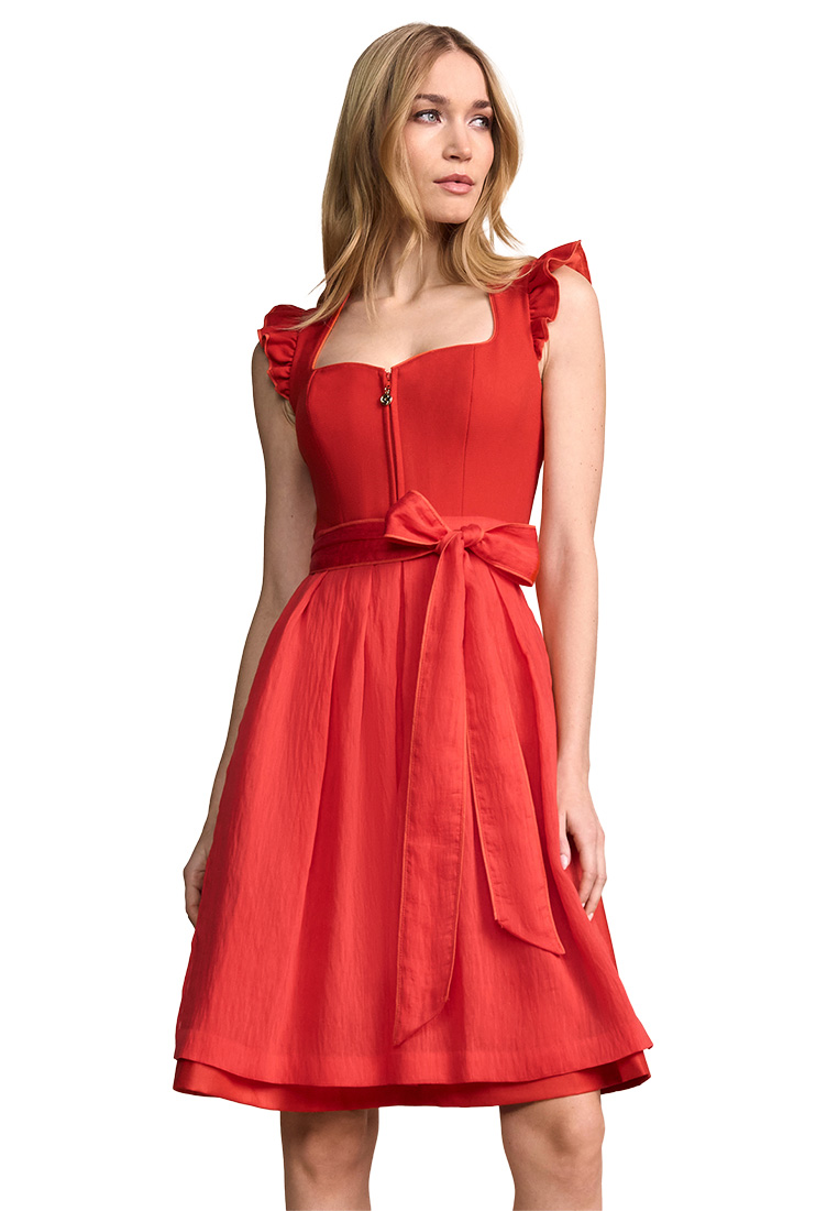 Frontansicht eines roten Dirndls Padme von Krüger mit Reißverschluss vorne und Schleife in der Taille.