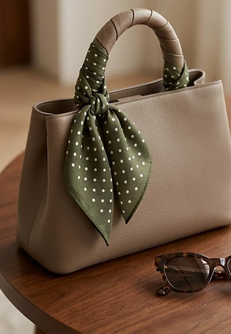 Schmuckzauber Nickituch Pünktchen olive mit weißen Punkten um den Henkel einer graubraunen Tasche gebunden, Frontansicht.