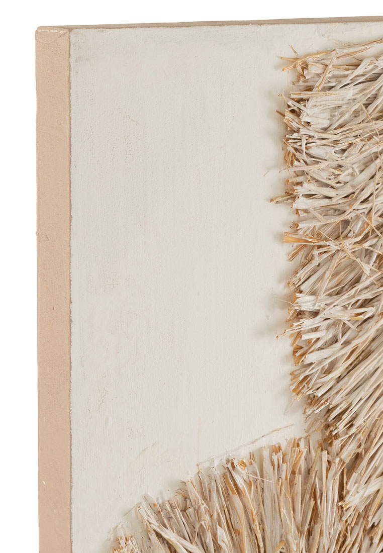Seitenansicht der Wanddekoration Ibiza Kanevas Janine von J-LINE in Creme mit naturaliistischenstroh-Applikationen und einer glatten Oberfläche.