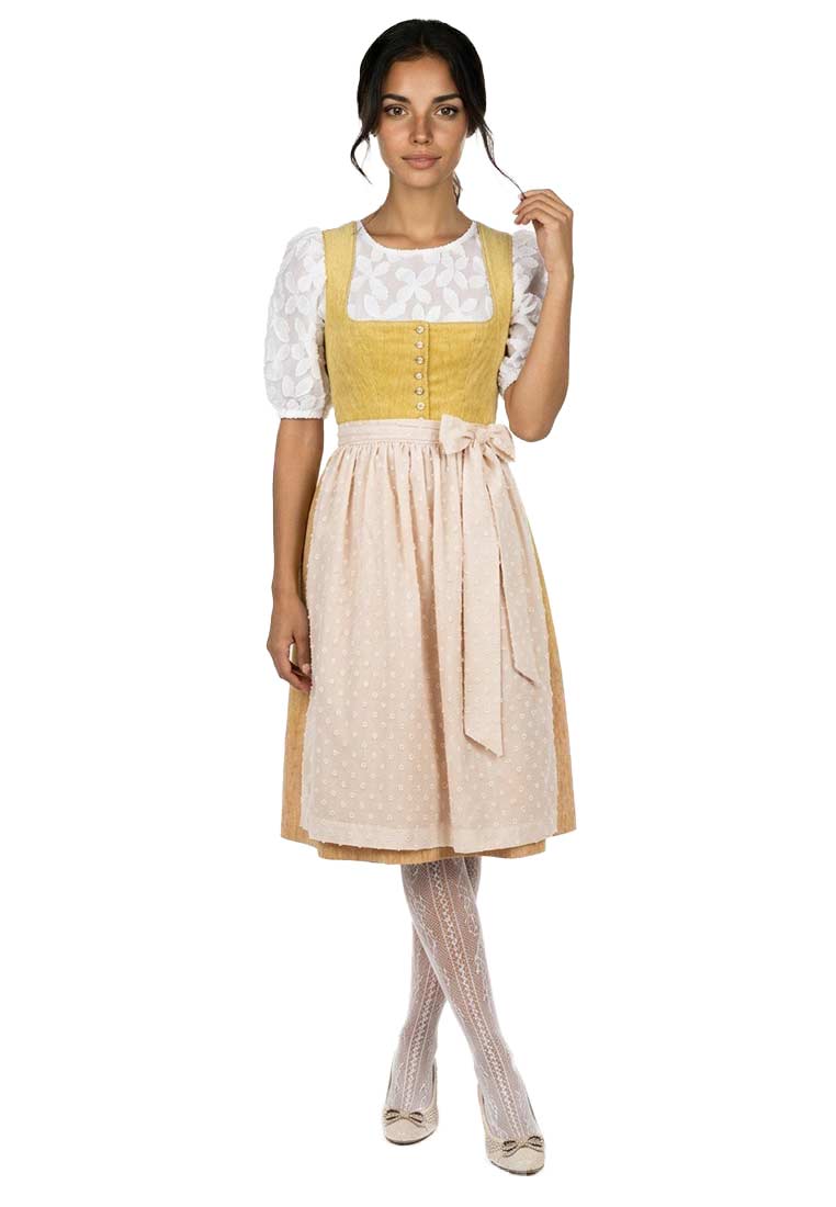 Marjo Dirndl Wolfersdorf safrangelb 65 cm. Frontansicht des Kleides in Safrangelb und Beige mit einer Schnürung vorne und einem geblümten Ärmeloberteil.
