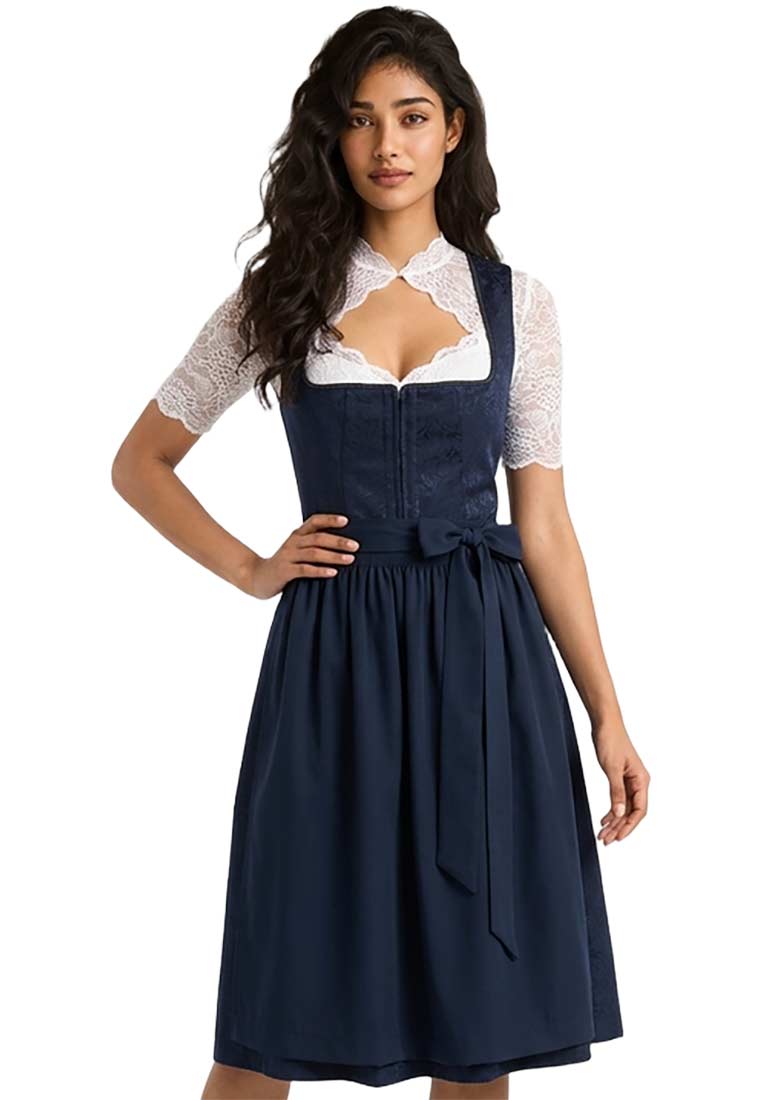 Trachten Deiser Dirndl Babsi marine 60 cm, Frontansicht. Dieses elegante, marineblaue Dirndl ist mit einer traditionellen Schnürung vorne und einem passenden Schleifenband versehen.