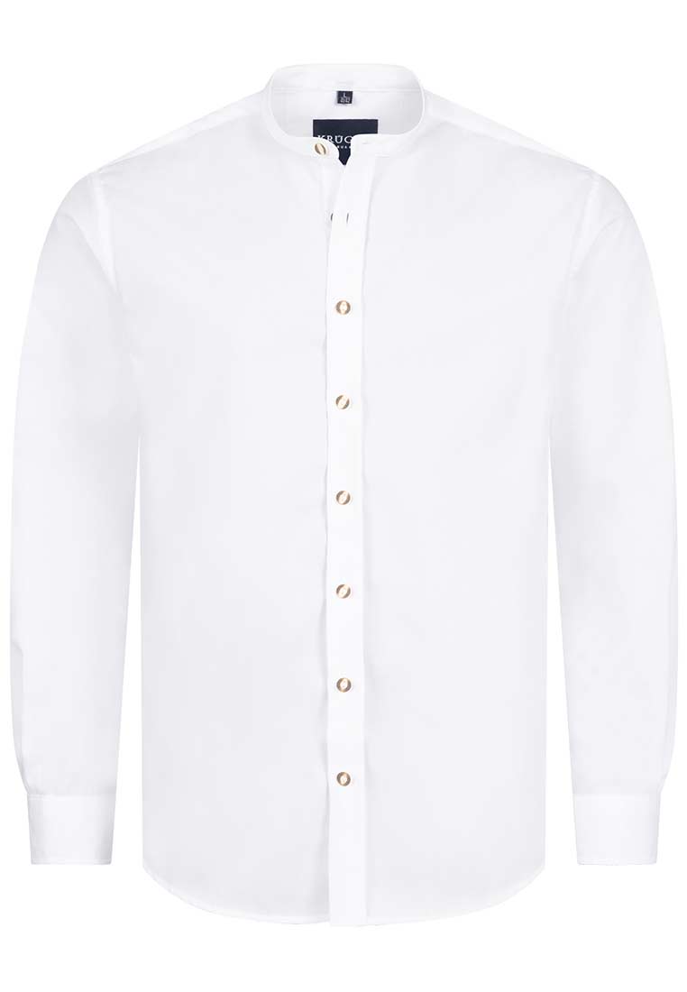 Krüger Trachtenhemd Niko weiss in Frontansicht mit Stehkragen und klassischen Knopfleiste, die leicht schimmernden Knöpfe sind gut sichtbar.