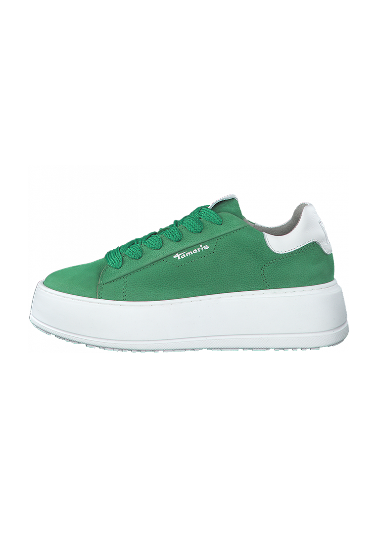 Tamaris Sneaker green, Seitenansicht des grünen Sneakers mit weißer Plateausohle und Schnürung.