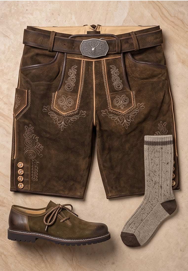 Hochwertige braune Trachtenlederhose von Maddox mit Schnürung und Verzierungen, im Ensemble mit braunen Haferlschuhen und grauen Trachtensocken.