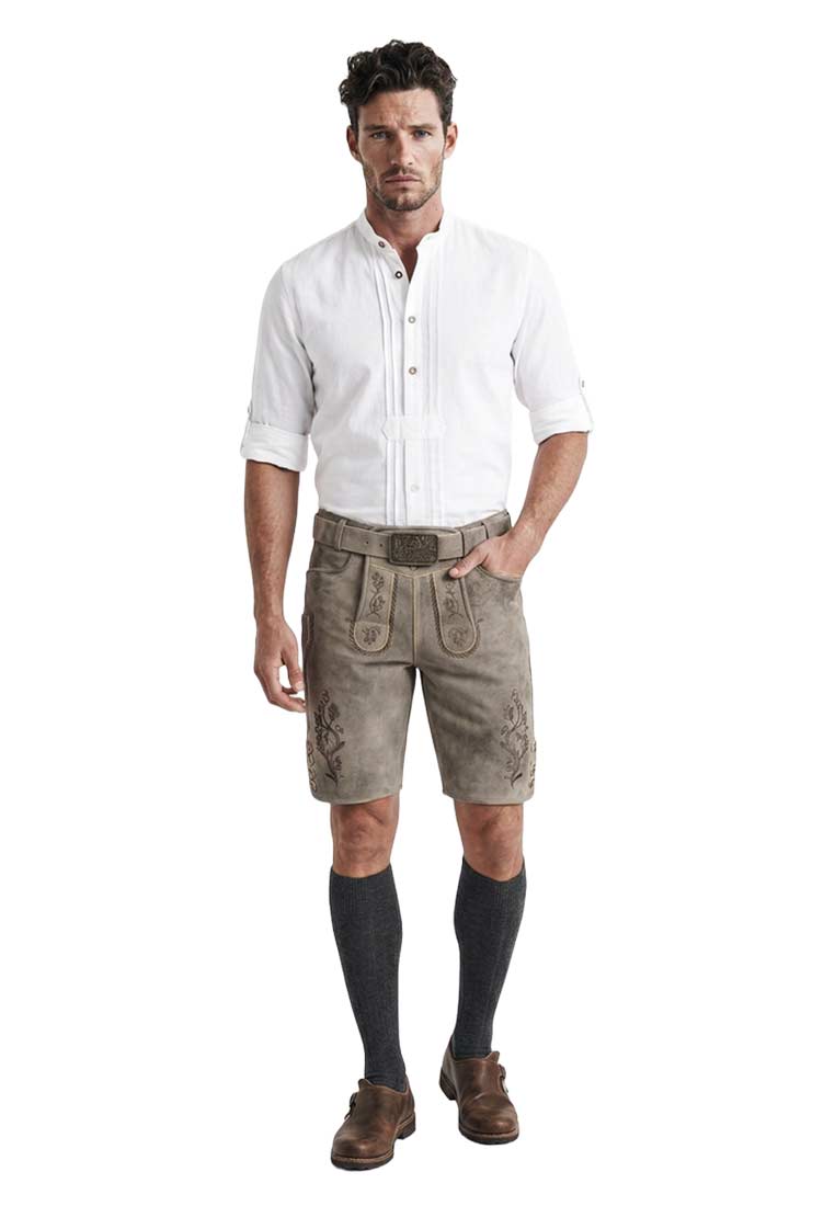 Gweih&Silk Lederhose Rodrigo in Beige-Grau: Stilvolle Trachtenlederhose für Herren in Frontansicht, mit seitlichen Gesässtaschen und Bund.