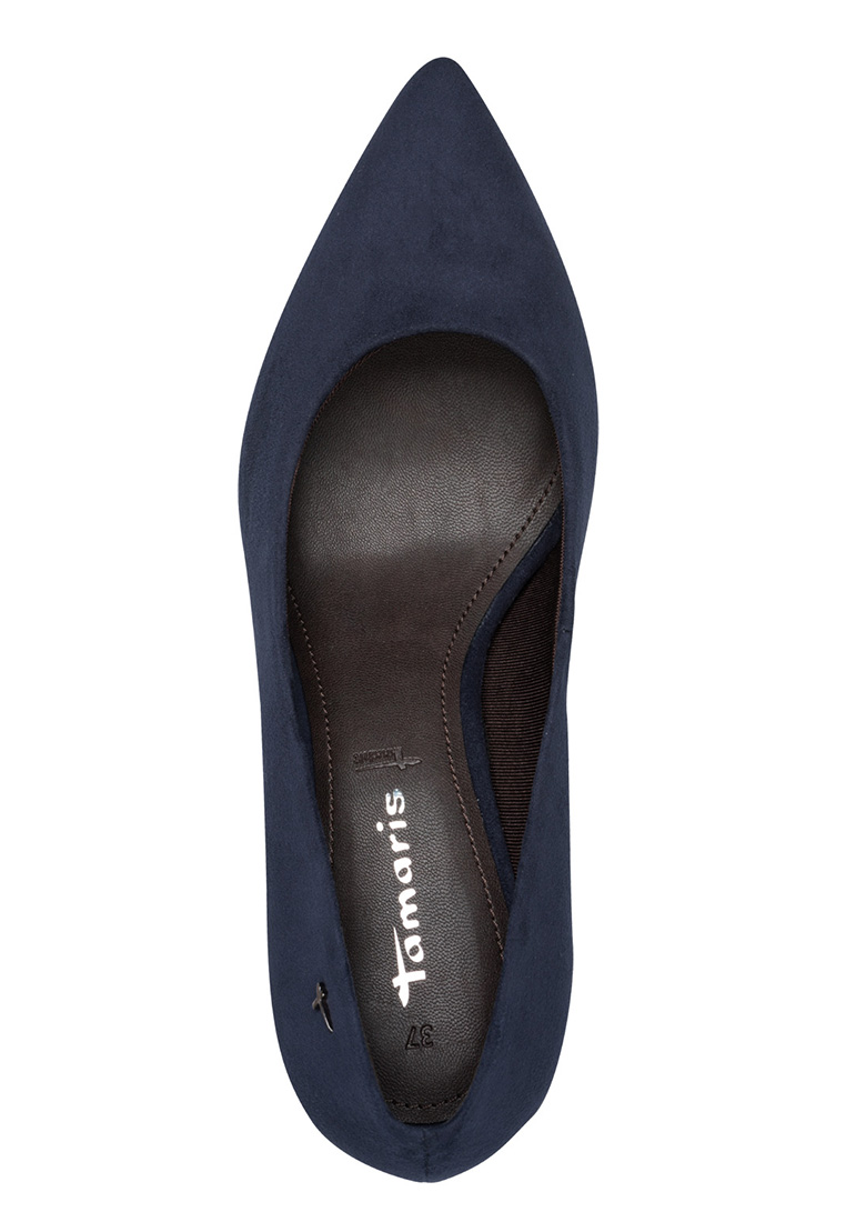 Tamaris Pumps Monique dunkelblau, Oberansicht des Schuhs mit sichtbarer Decksohle und kleinem Tamaris-Logo auf der Aussenseite.