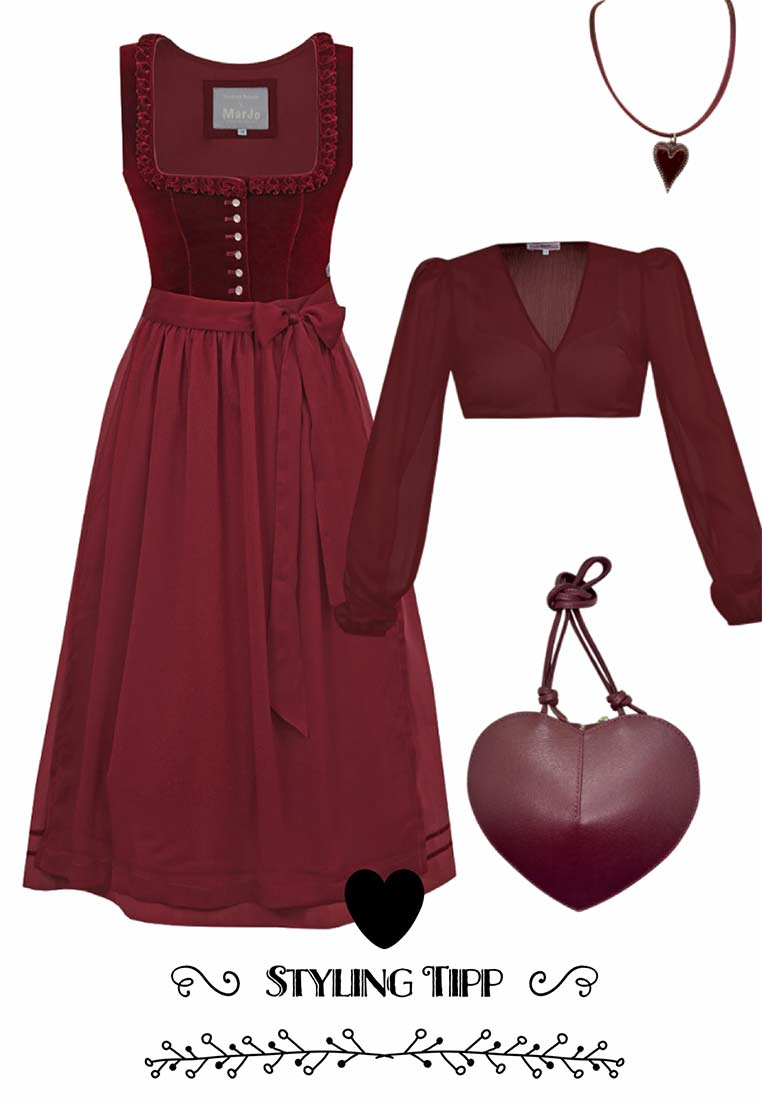 PAN Salzburg Trachtentasche Herzblatt bordeaux, Frontansicht. Stilvolle Trachtentasche in Herzform mit Bandhenkel und einem gebundenen Gürtel.