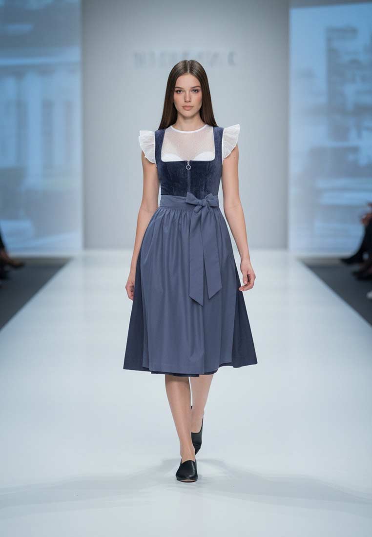 Frontansicht eines Marjo Dirndl Kirchham nachtblau mit einem Reissverschluss vorne und einer Schleife am Bund.